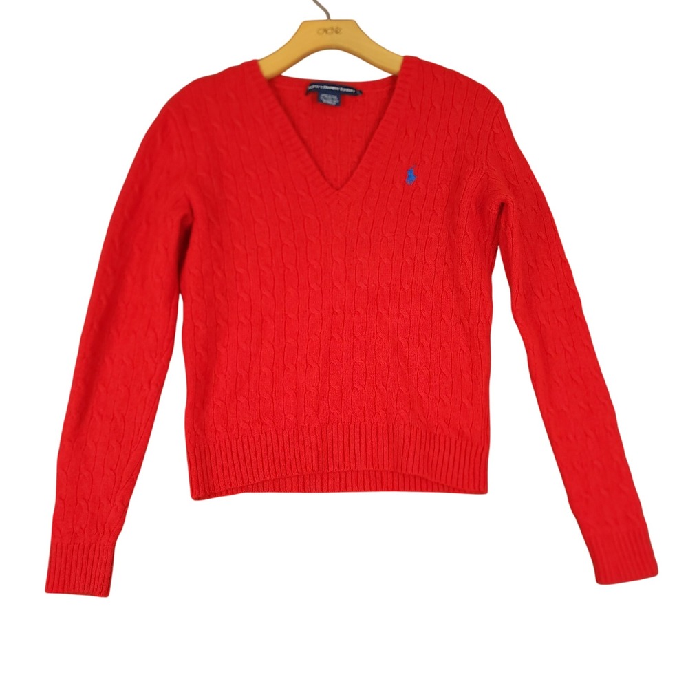 Ralph Lauren Sport Red Cable Knit V Neck‎ Lambswool Sweater XL